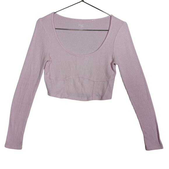 PAC Cares Ribbed Cropped Top Size Small Soft Pastel PInk Long Sleeve Wide Neck - Picture 4 of 8